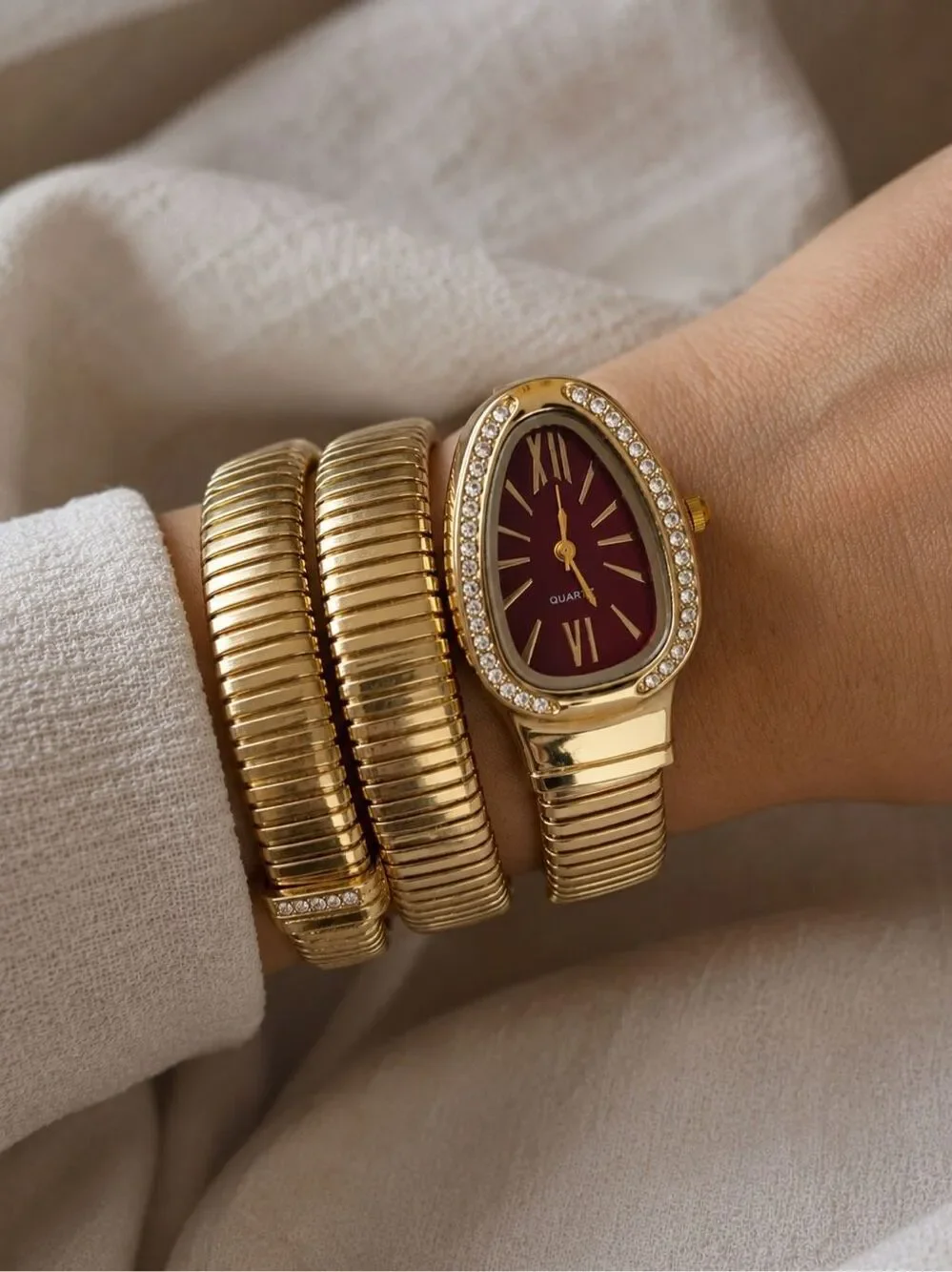 Luxurious Gold Serpentine Bracelet Watch Crystal Burgundy Elegant Dial NWOT